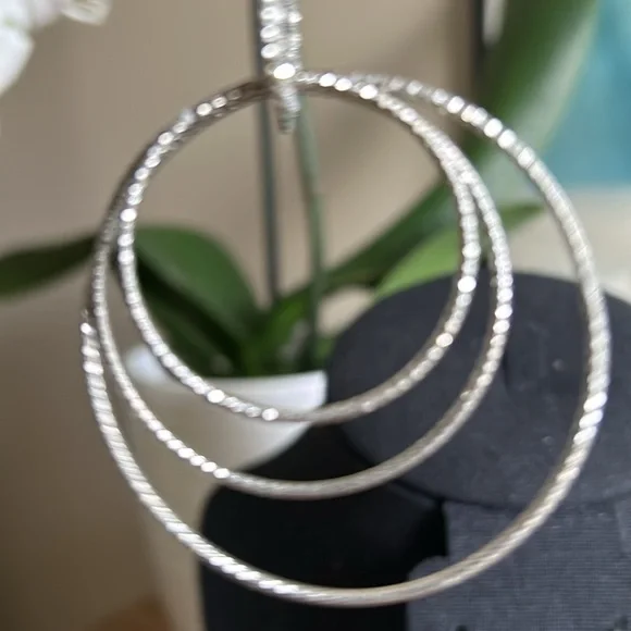 Silver Tone Triple Hoop Earrings - Picture 4 of 6